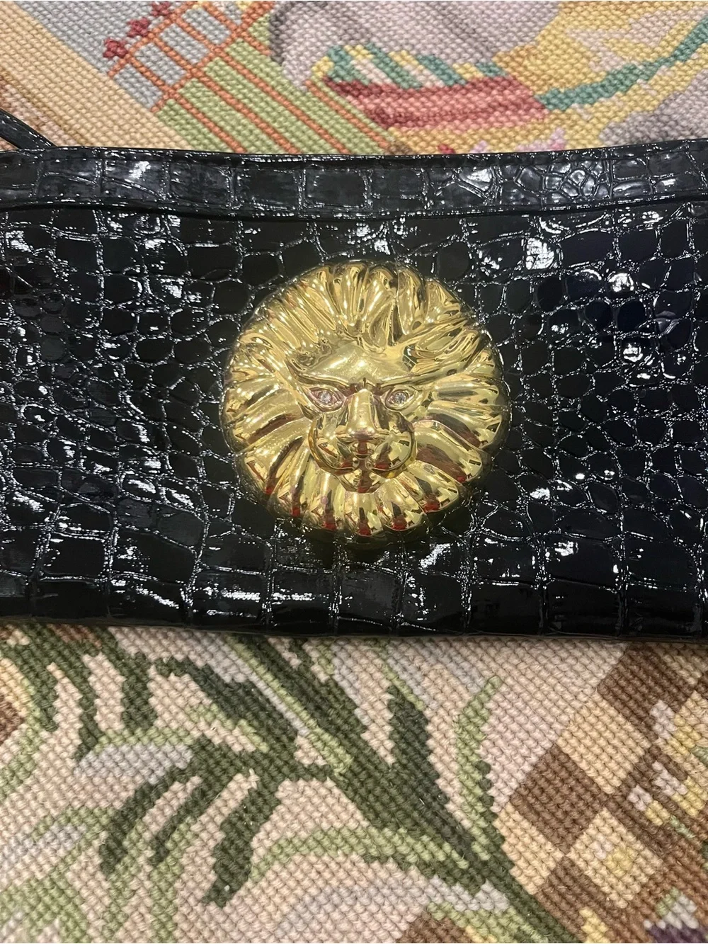 Black Faux-Croc Wristlet with Gold Lion Medallion